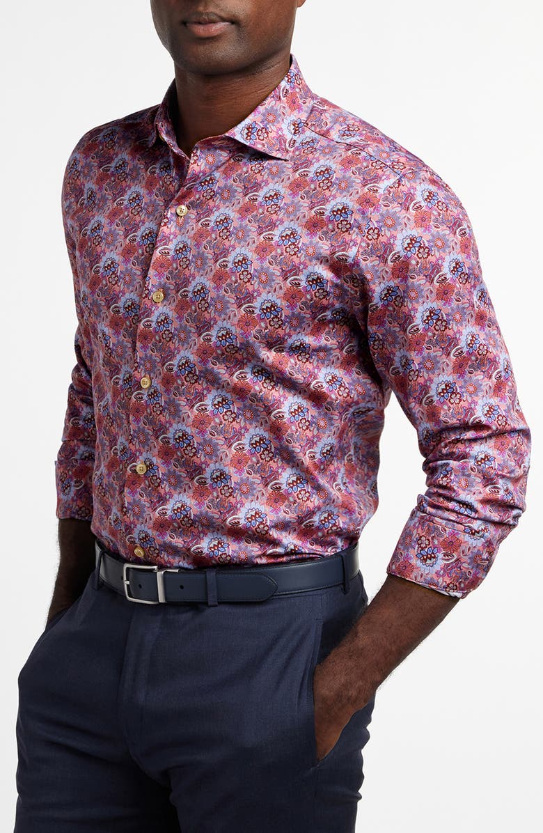David Donahue Floral Cotton Button-Up Shirt, Alternate, color, Pink/ Merlot