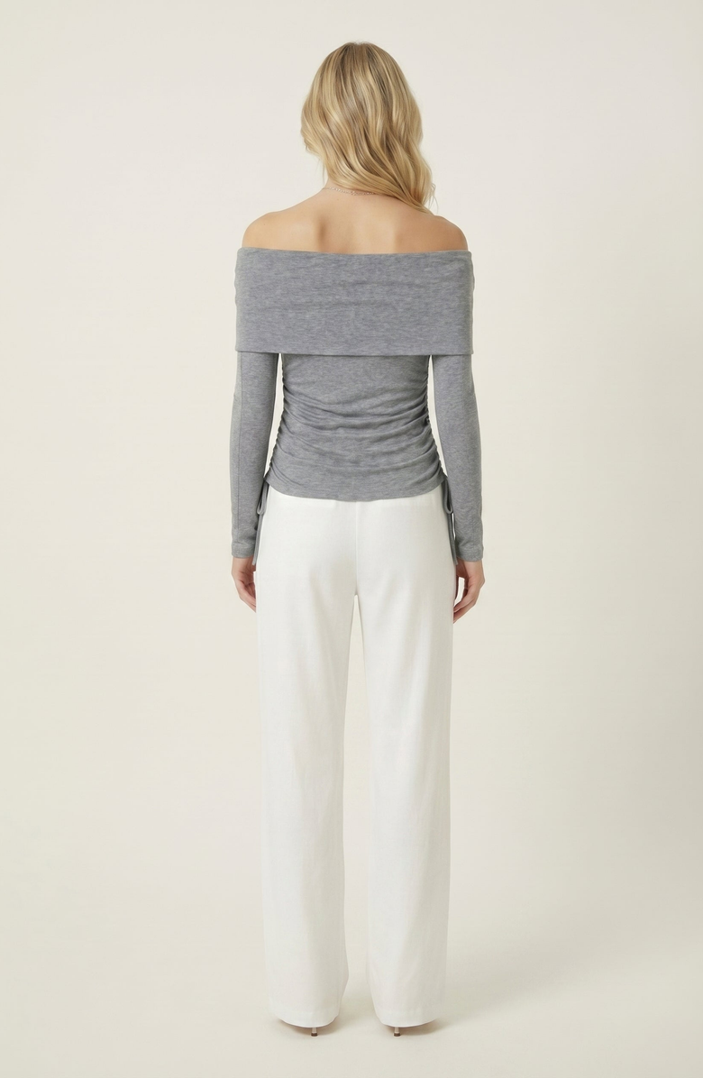 Modenaire Off Shoulder Side Ruched Long Sleeve Top, Alternate, color, Heather Grey