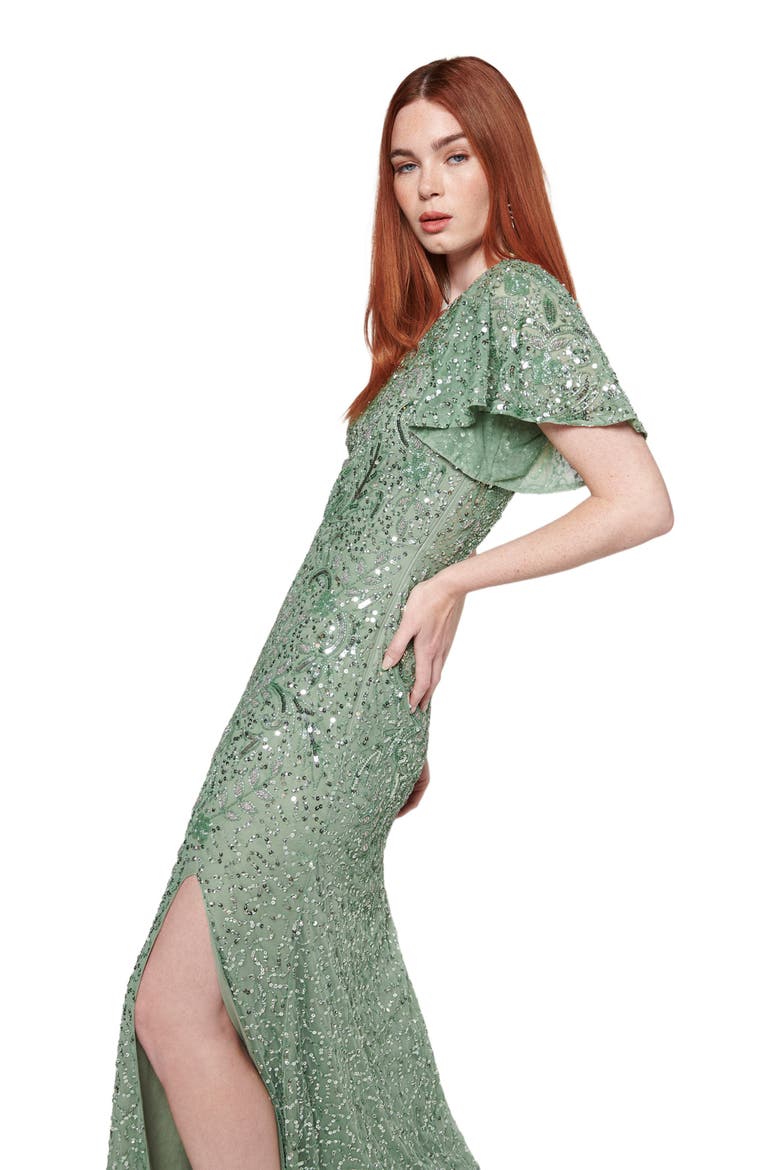 Occasion Embellished Sequin Beaded One Shoulder Short Sleeves Evening Dress, Alternate, color, DARK GREEN