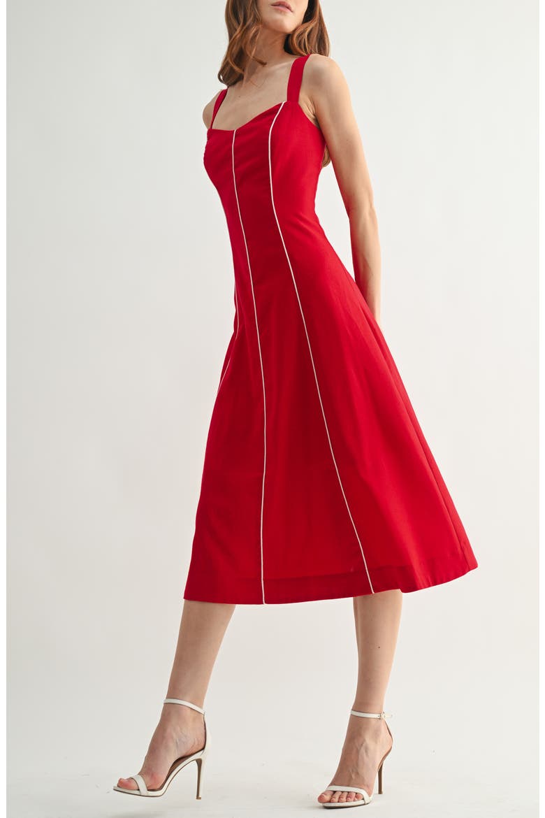 Piping Detail Sleeveless Fit & Flare Midi Dress, Alternate, color, RED