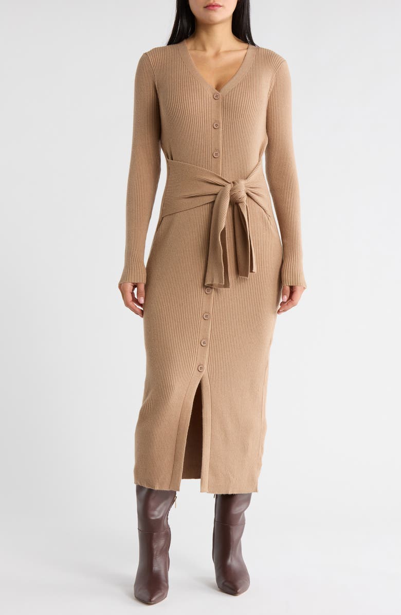 FRNCH Margaux Waist Tie Long Sleeve Rib Sweater Dress, Main, color, Camel