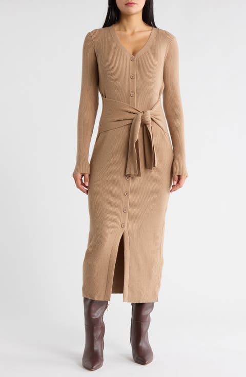 Margaux Waist Tie Long Sleeve Rib Sweater Dress