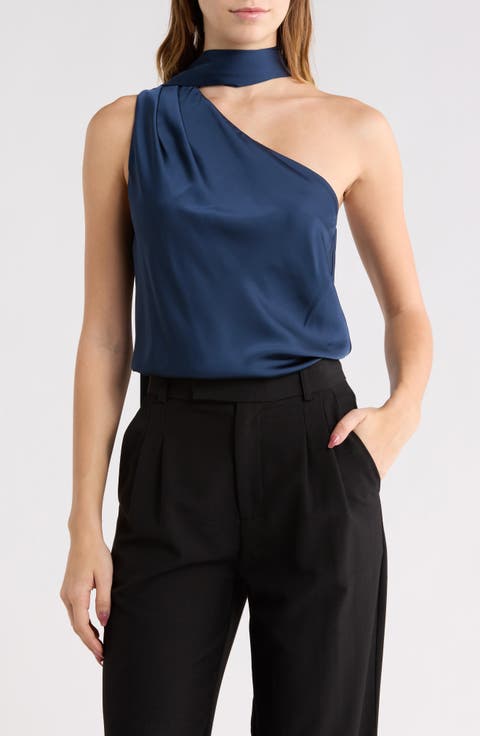 Tie Neck One-Shoulder Satin Top
