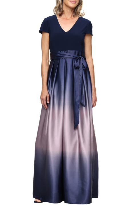 Short Sleeve Jersey Bodice Ombré Satin A-Line Gown (Petite)