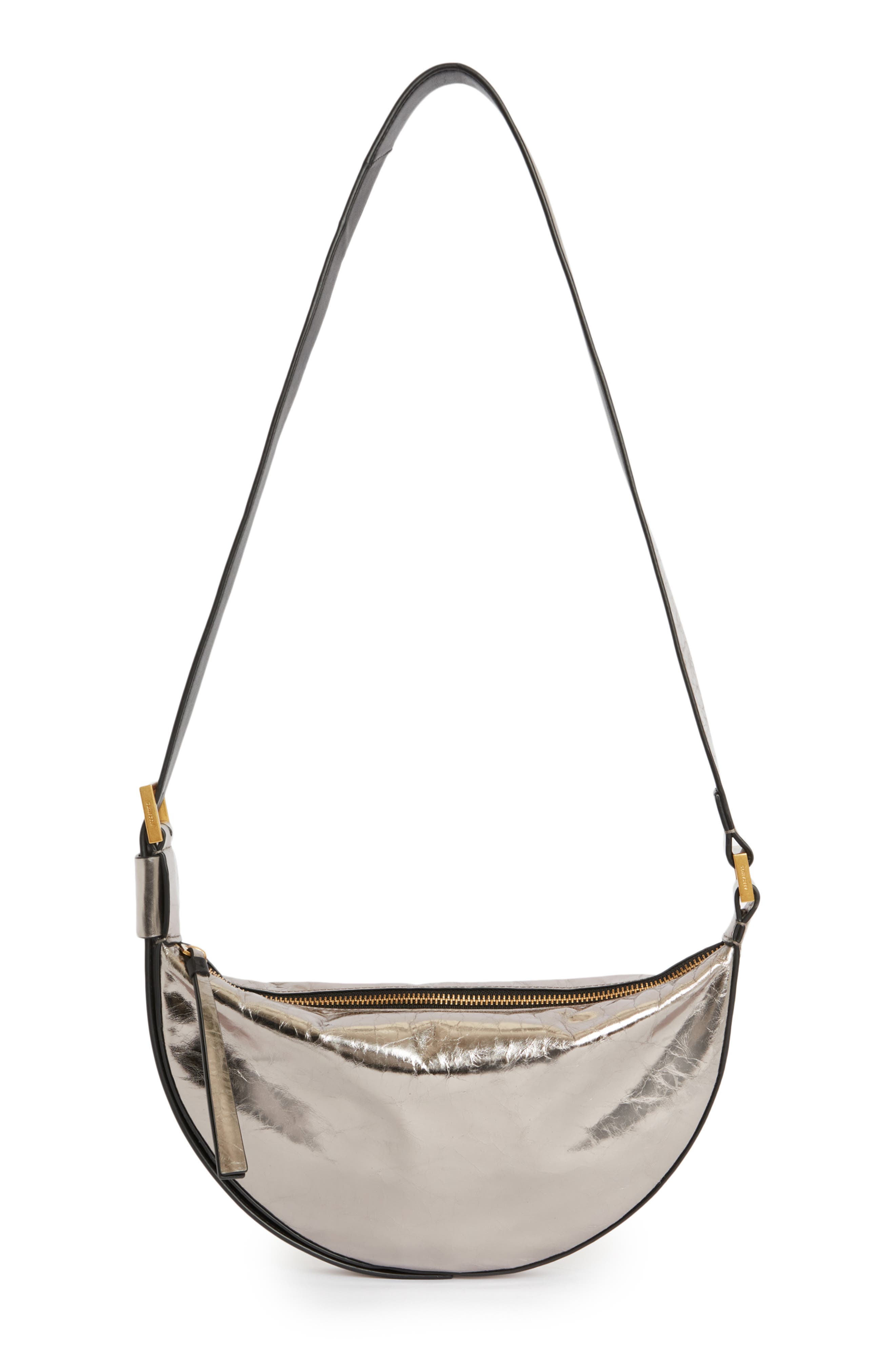 AllSaints Half Moon Metallic Leather Crossbody Bag, Main, color, 