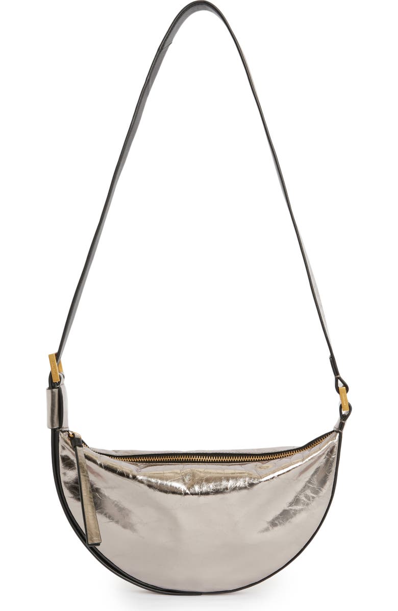 AllSaints Half Moon Metallic Leather Crossbody Bag, Main, color,
