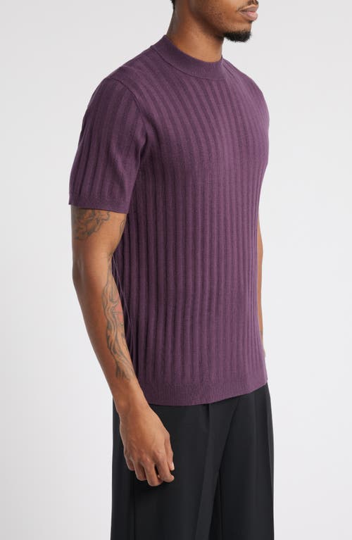 Open Edit Ribbed Short Sleeve Mock Neck Sweater In Purple Plum