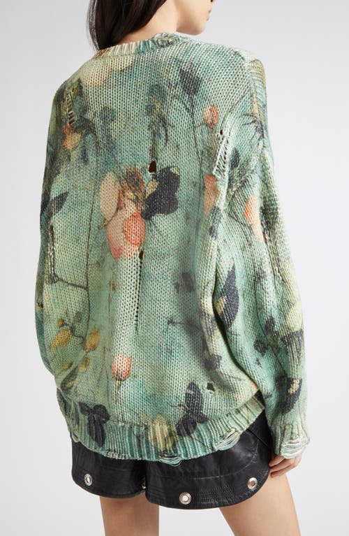 R13 Ripped Floral Oversize Cotton Sweater In Green