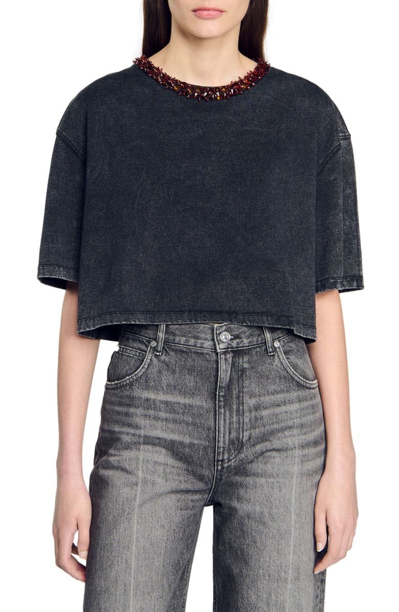 SANDRO Cropped beaded T-shirt, Main, color, 