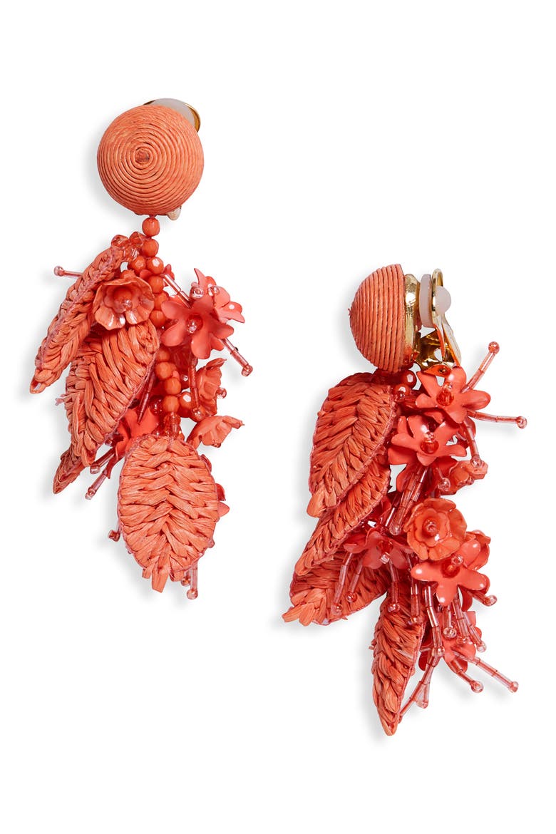 Raffia Tassel Bouquet Clip-On Earrings, Main, color, ORANGE
