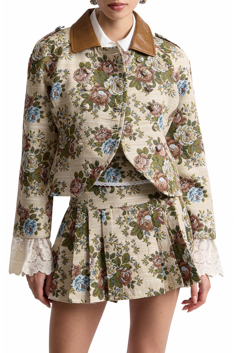 Shrunken Floral Tapestry Blazer with Faux Leather Collar, Alternate, color, TAUPE FLORAL MULTI