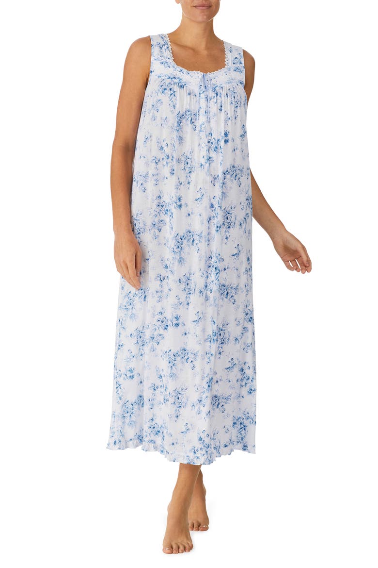 Floral Print Cotton Ballet Nightgown, Main, color, WHITE BLUE
