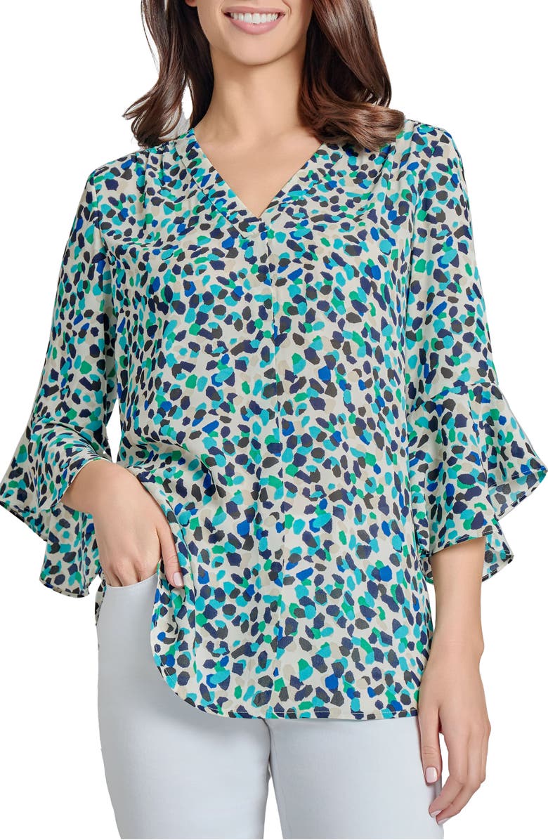 Jones New York Printed Flutter Sleeve Pleat V-Neck Top, Main, color, 