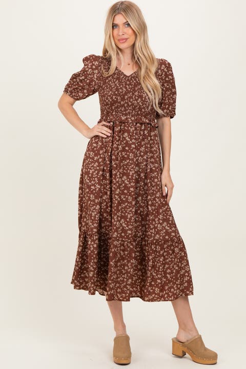 Floral Smocked Short Sleeve Midi Dress