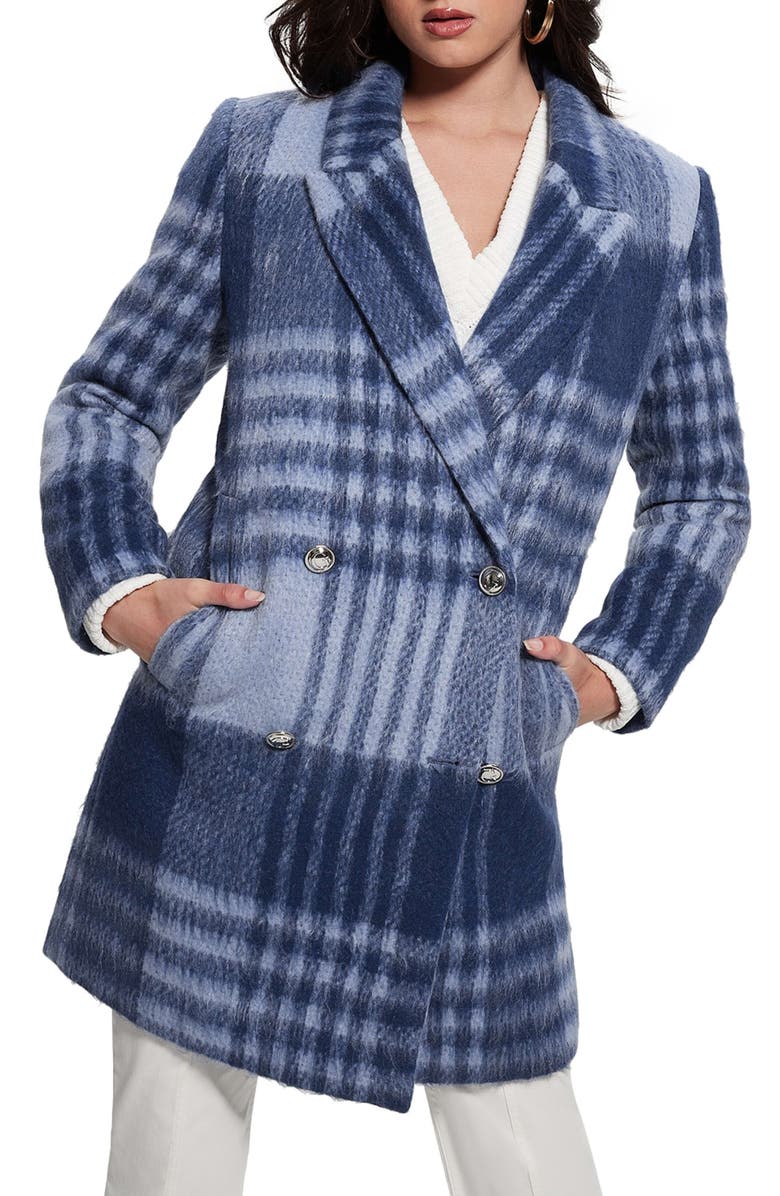 GUESS Ramona Check Double Breasted Coat, Main, color, 