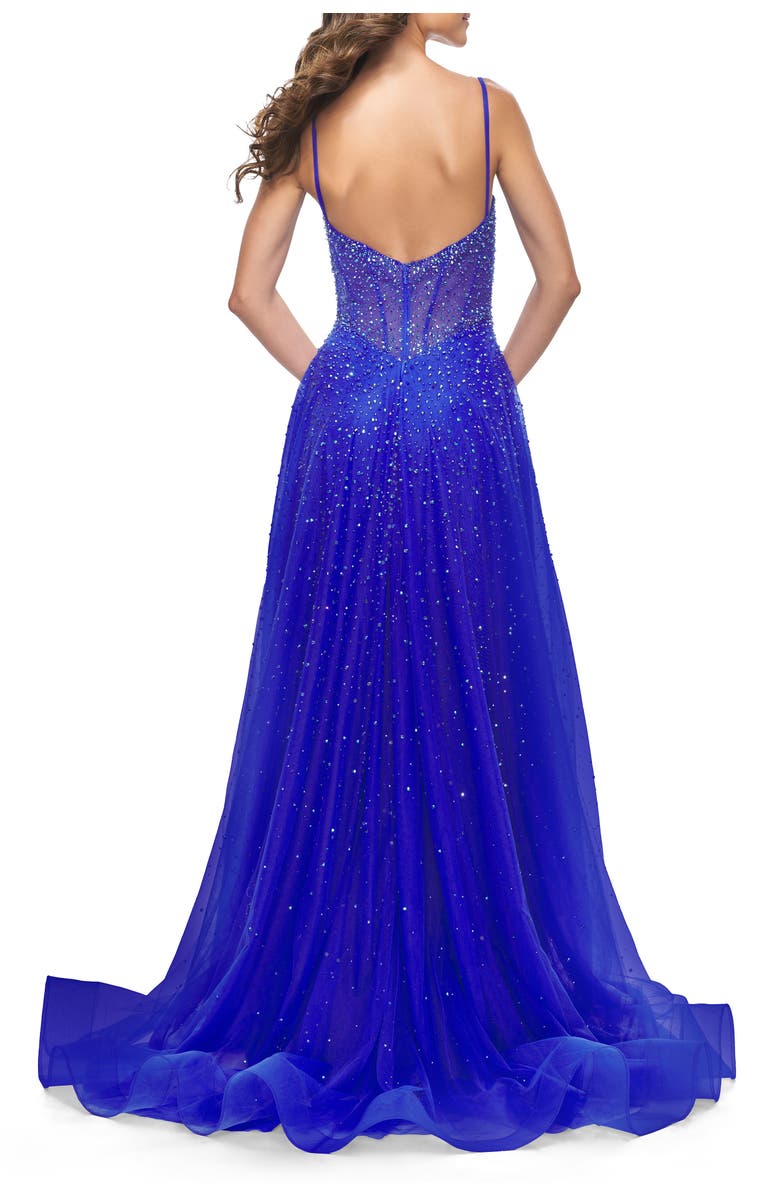 La Femme Rhinestone A-Line Tulle Prom Dress with Illusion Bodice, Alternate, color, Royal Blue