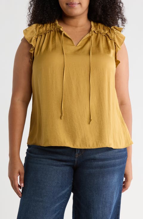 Satin Ruffle Split Neck Top (Plus)