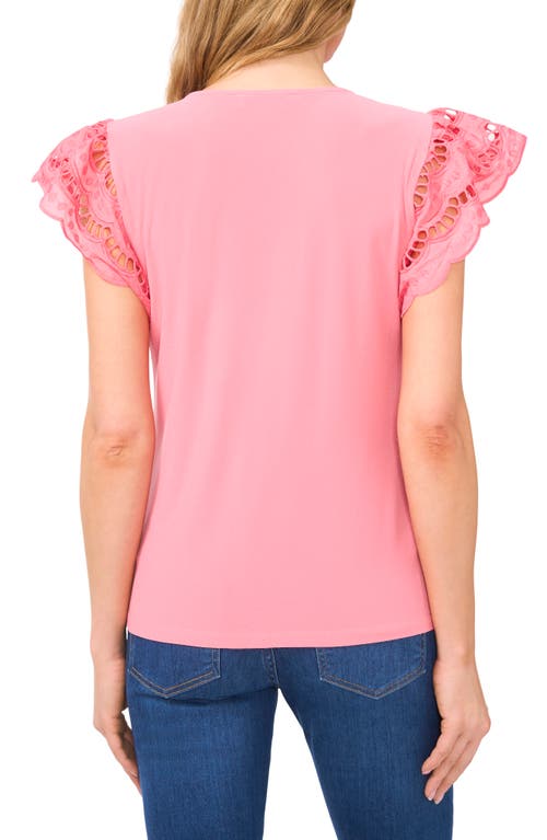 CECE CECE EMBROIDERED FLUTTER SLEEVE MIXED MEDIA TOP 