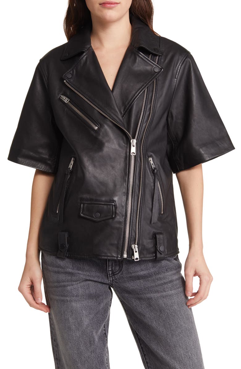 AllSaints Ripley Short Sleeve Leather Biker Jacket, Alternate, color, 