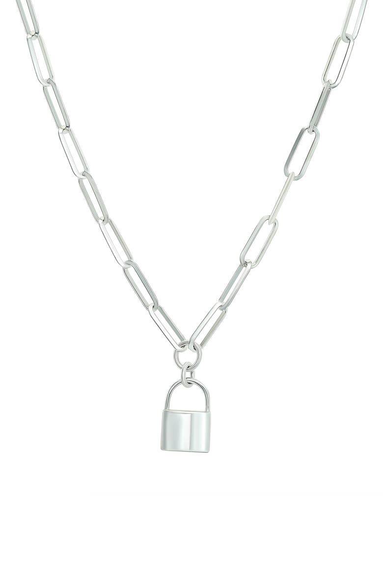 CANDELA JEWELRY Lock Pendant Paperclip Chain Necklace, Main, color, Silver