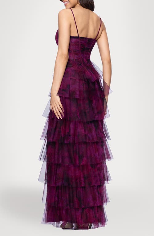 Blondie Nites Tiered Ruffle Column Dress In Purple