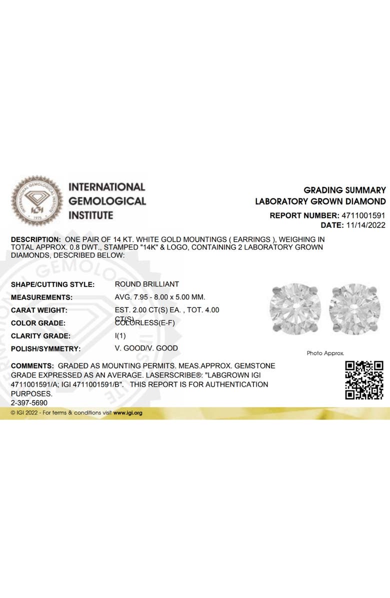 Bliss Diamond 4 Ct T.W. Certified Diamond Screw Back Studs 14k Gold Lab Grown, Alternate, color, 14K White Gold