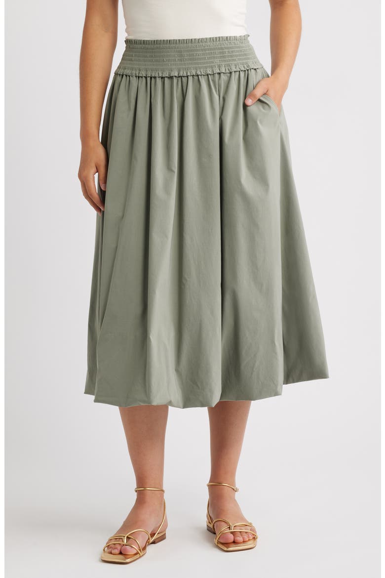 Smocked Waist Bubble Hem Midi Skirt, Main, color, DEEP SEAGRASS