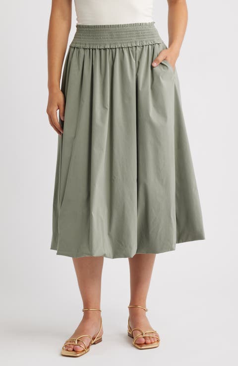 Smocked Waist Bubble Hem Midi Skirt (Regular & Petite)