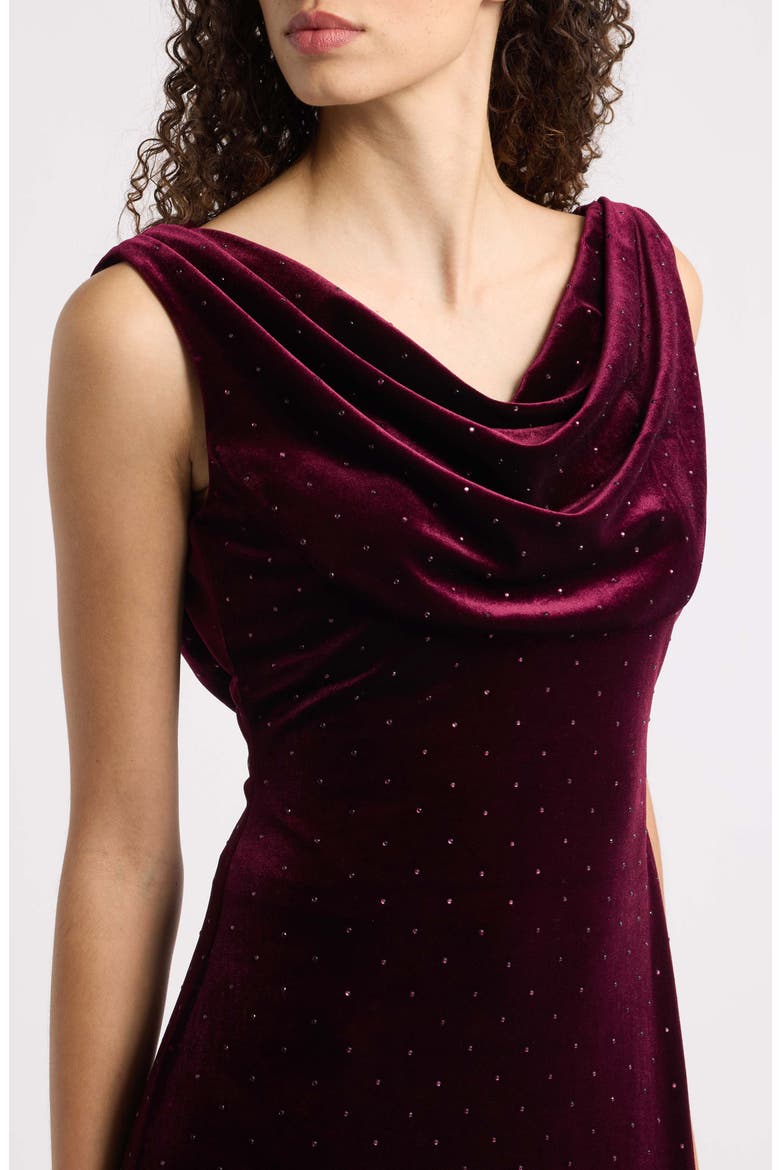 Diamante Detail Cowl Neck Velvet Gown, Alternate, color, WINE