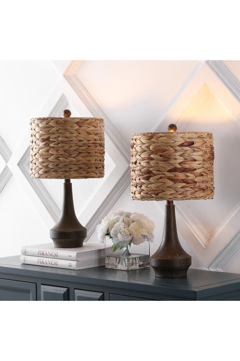 Theodore 21" Rustic Farmhouse Handwoven Water Hyacinth/Resin LED Table Lamp, Brown Wood Finish, Alternate, color, Brown Wood Finish
