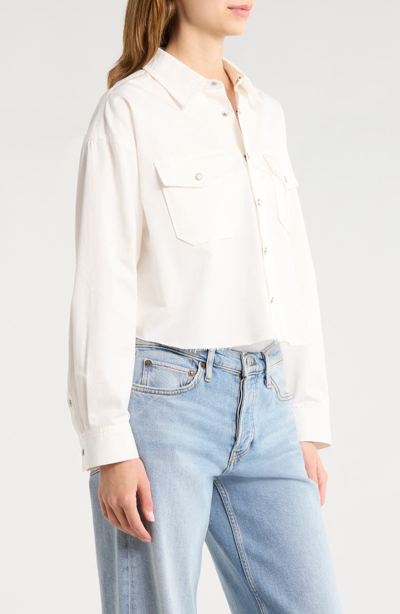 Re/Done Camper Raw Hem Crop Snap-Up Twill Shirt, Alternate, color, Blanco