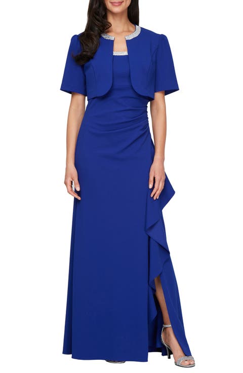 Bead Detail Stretch Crepe Gown with Bolero Jacket (Petite)