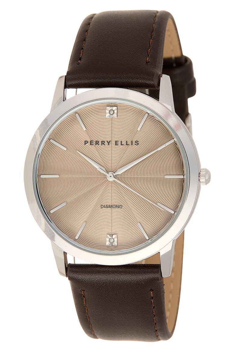 Solar 3-Hand Quartz Diamond Solitaire Faux Leather Strap Watch, 41mm, Main, color, SILVER