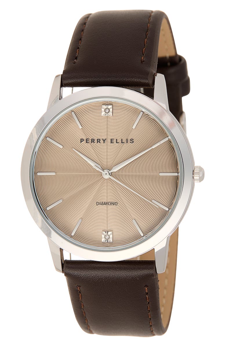 Perry Ellis Solar 3-Hand Quartz Diamond Solitaire Faux Leather Strap Watch, 41mm, Main, color, Silver/ Beige