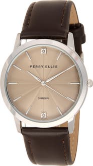 Perry Ellis Solar 3-Hand Quartz Diamond Solitaire Faux Leather Strap Watch, 41mm