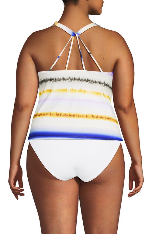 Lands' End Tugless High Neck Strappy Back Tankini Swimsuit Top In Egret White Multi Ombre Stripe