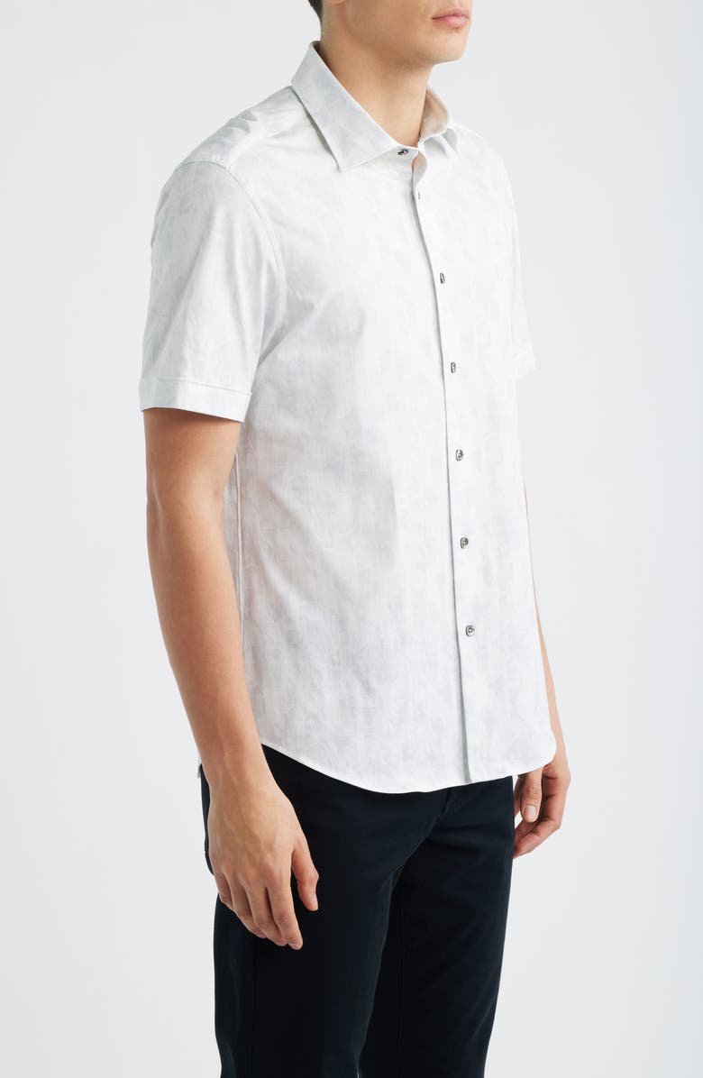 Bugatchi Miles OoohCotton<sup>®</sup> Printed Short Sleeve Button-Up Shirt, Alternate, color, Platinum