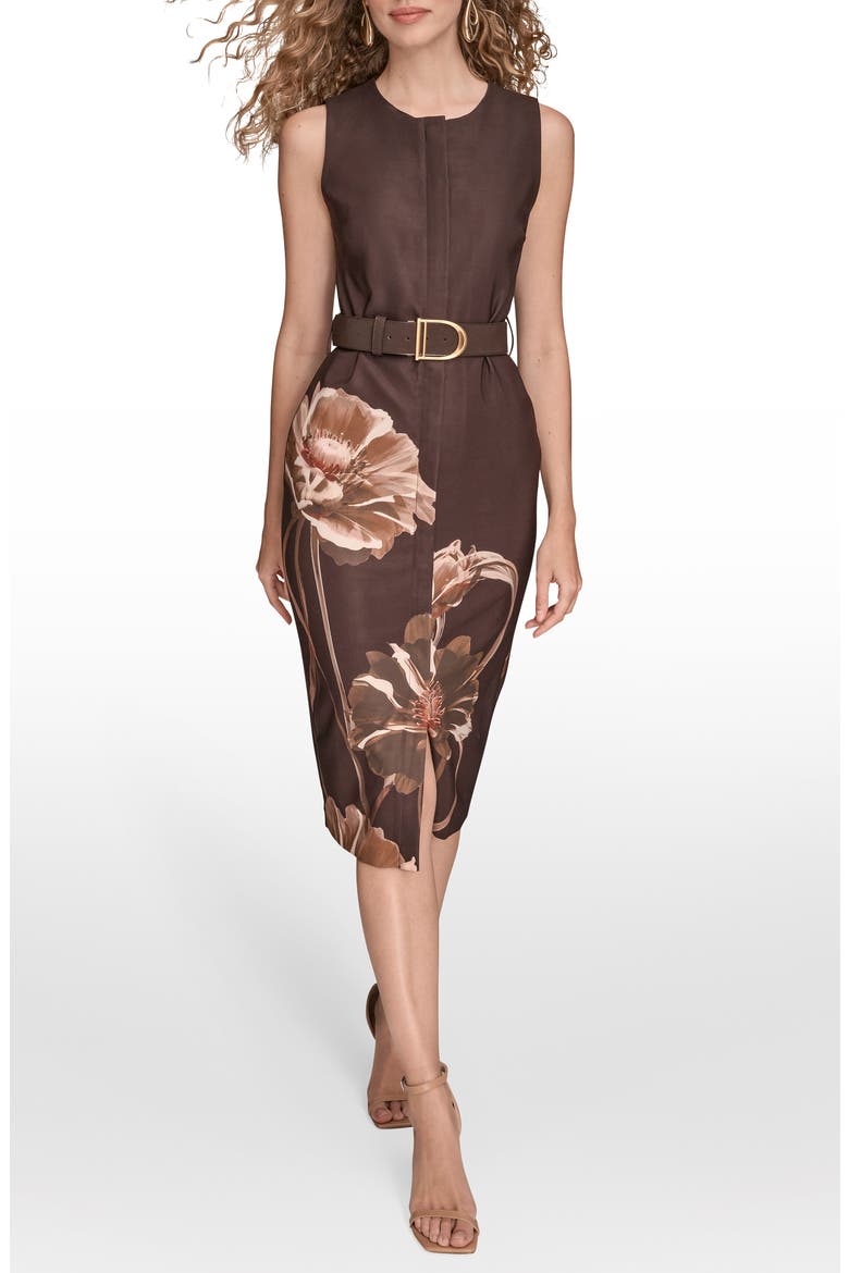 Belted Sleeveless Floral Sheath Dress, Main, color, FAWN MULTI