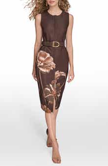 Belted Sleeveless Floral Sheath Dress