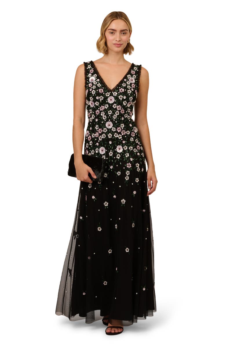 Adrianna Papell Beaded Floral Mesh A-Line Gown, Alternate, color,
