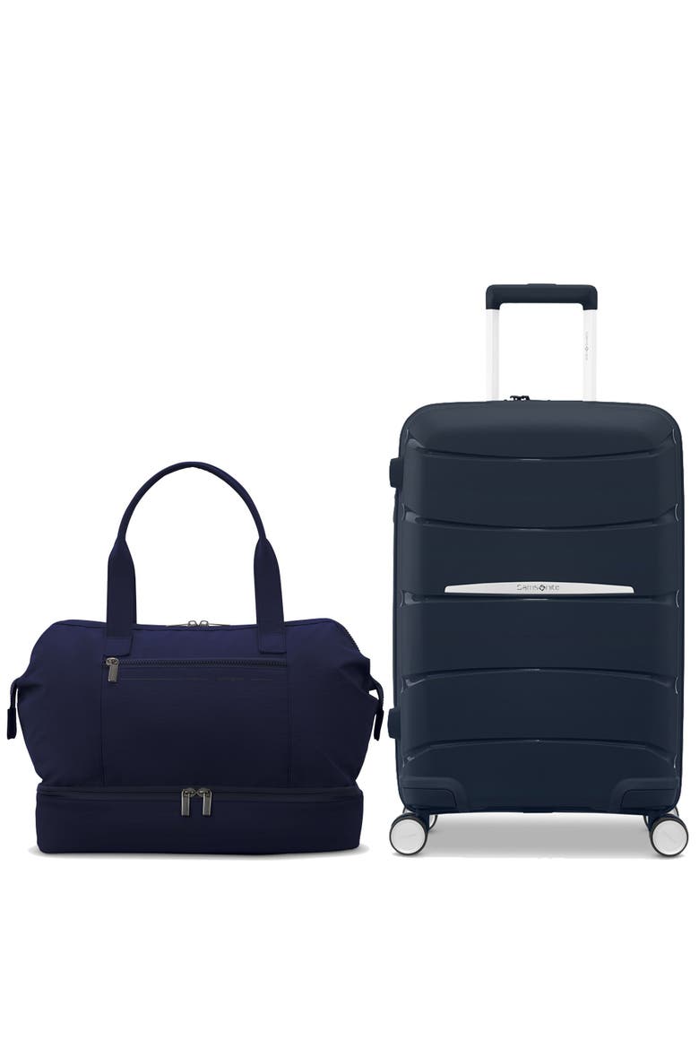 Better Than Basic 2 Piece Set Drop Bottom Weekender & Outline Pro Carry On Luggage, Main, color, Midnight Blue