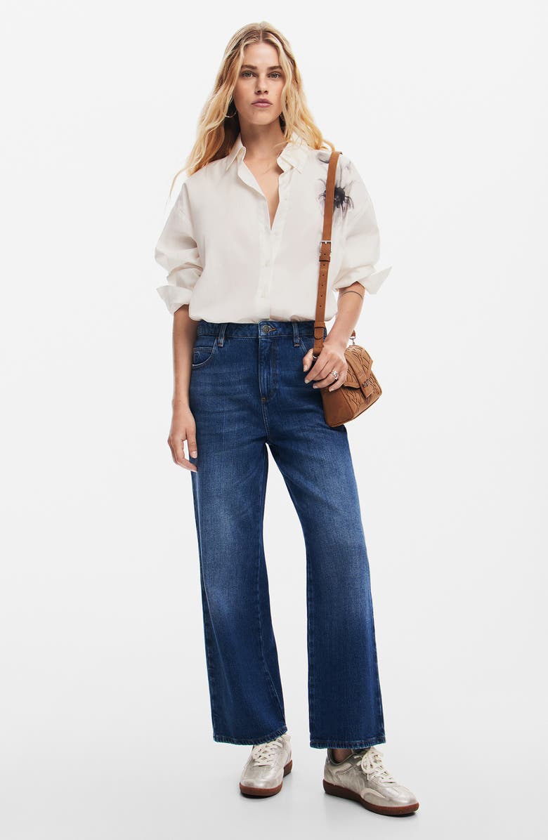 Desigual Ainara Rose Embroidered Wide Leg Jeans, Alternate, color, 