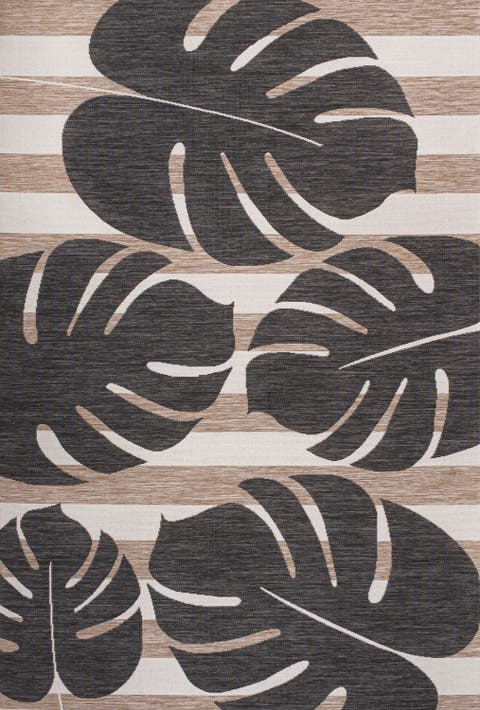 Allison Classic Beach Stripe and Monstera Leaf Indoor/Outdoor Area Rug