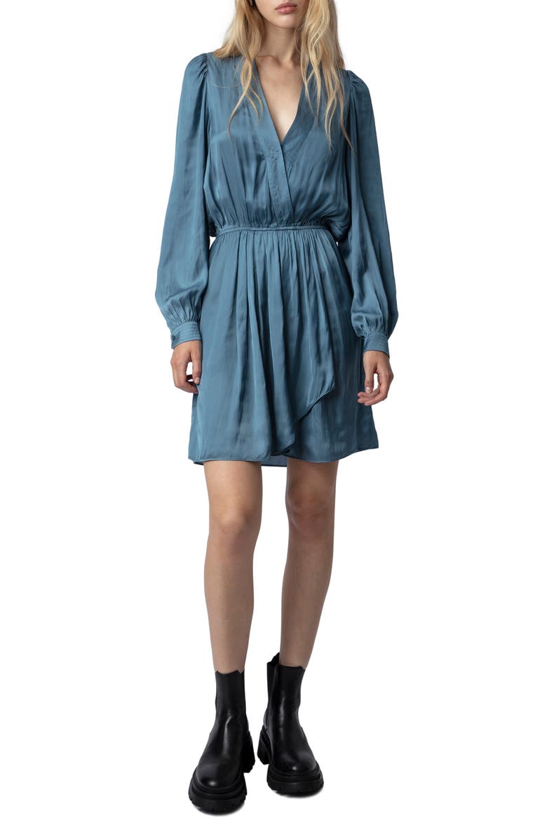 Zadig & Voltaire Remember Long Sleeve Faux Wrap Satin Minidress, Main, color, Bluestone