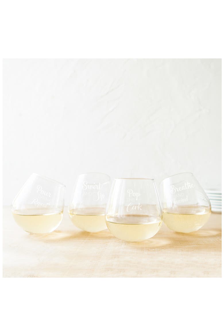 Pop the Cork Tipsy Set of 4 Stemless Wine Glasses, Alternate, color, CLEAR