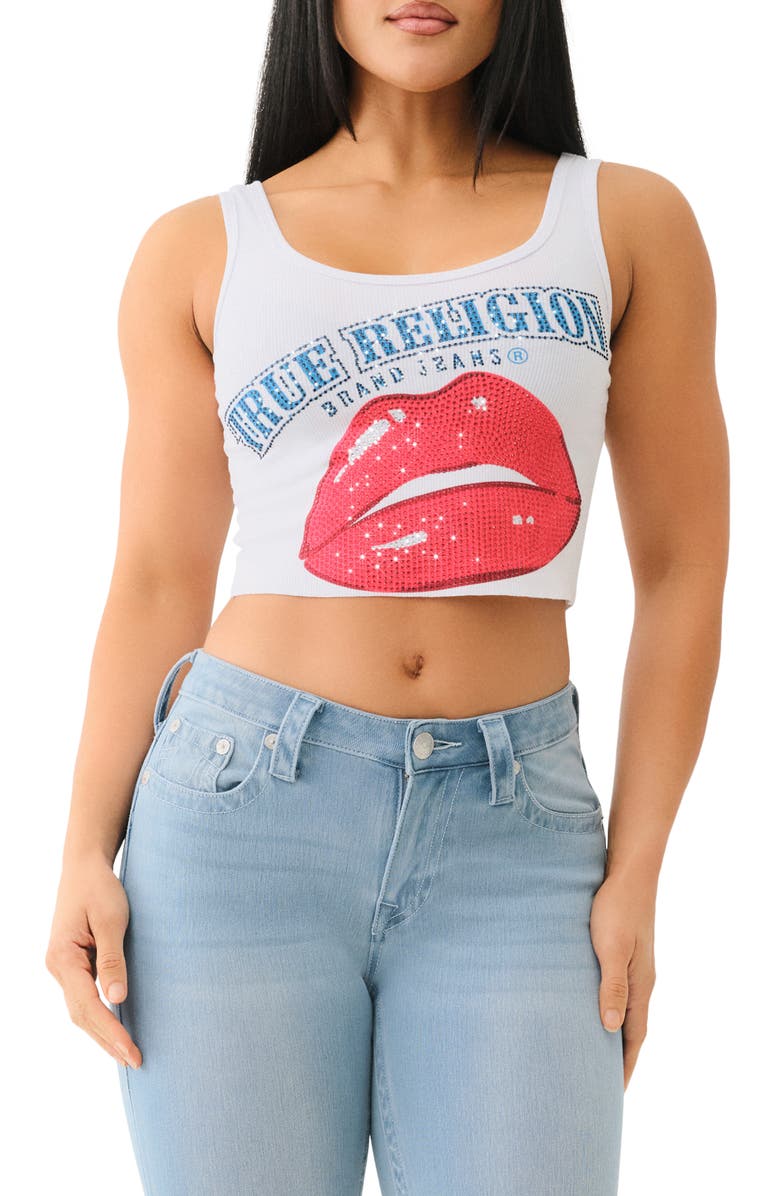 True Religion Rhinestone Crop Tank, Main, color, Optic White