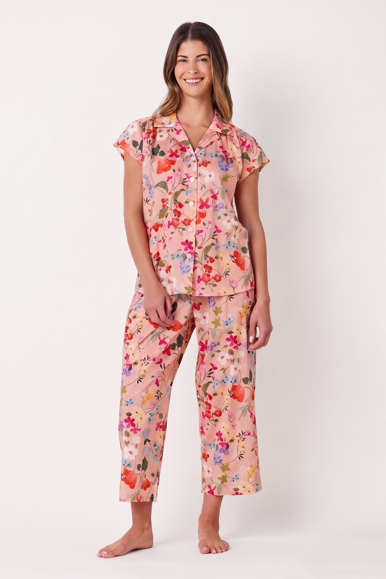Floral Cotton Voile Short-Sleeved Capri Pajama Set, Main, color, Strawberry Fields