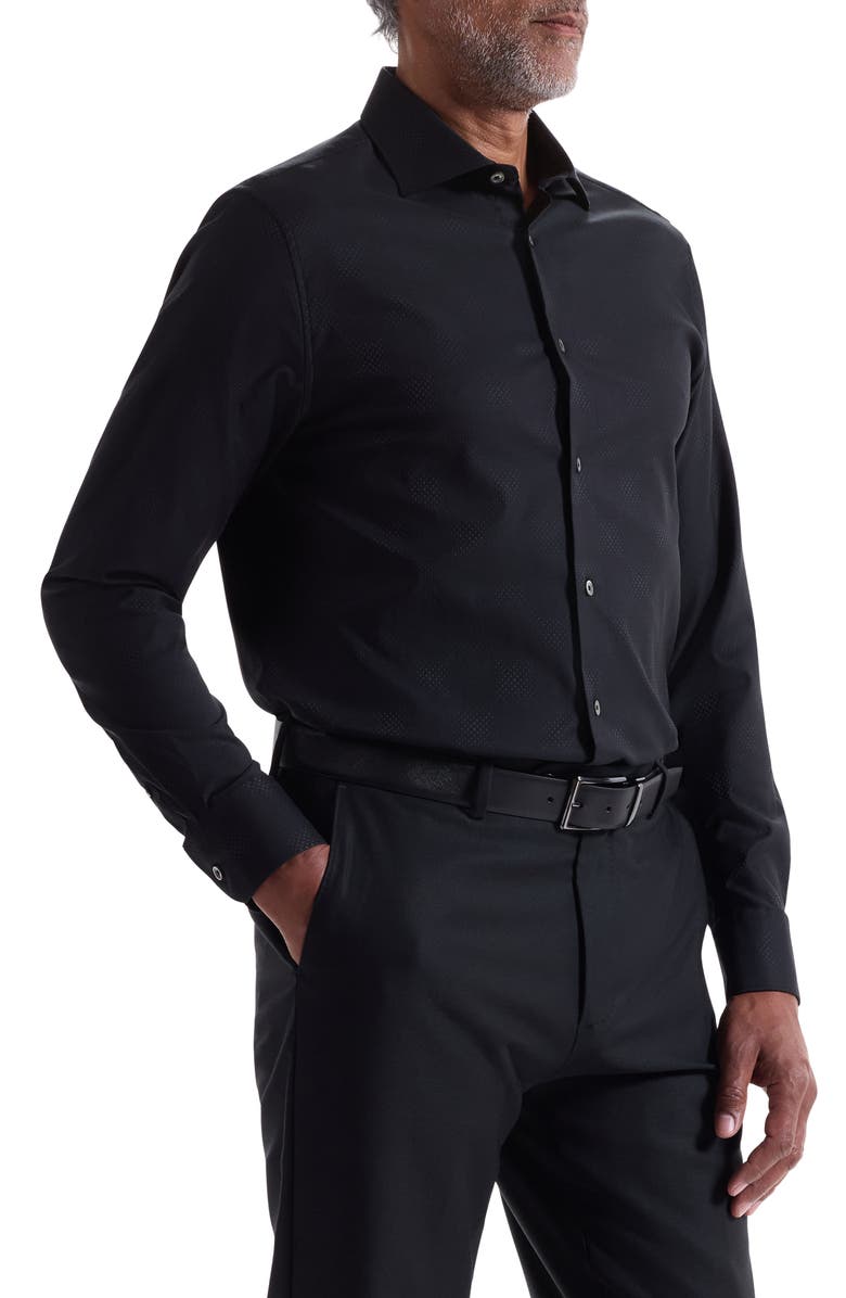 Bugatchi Axel Shaped Fit Jacquard Button-Up Shirt, Alternate, color, Black