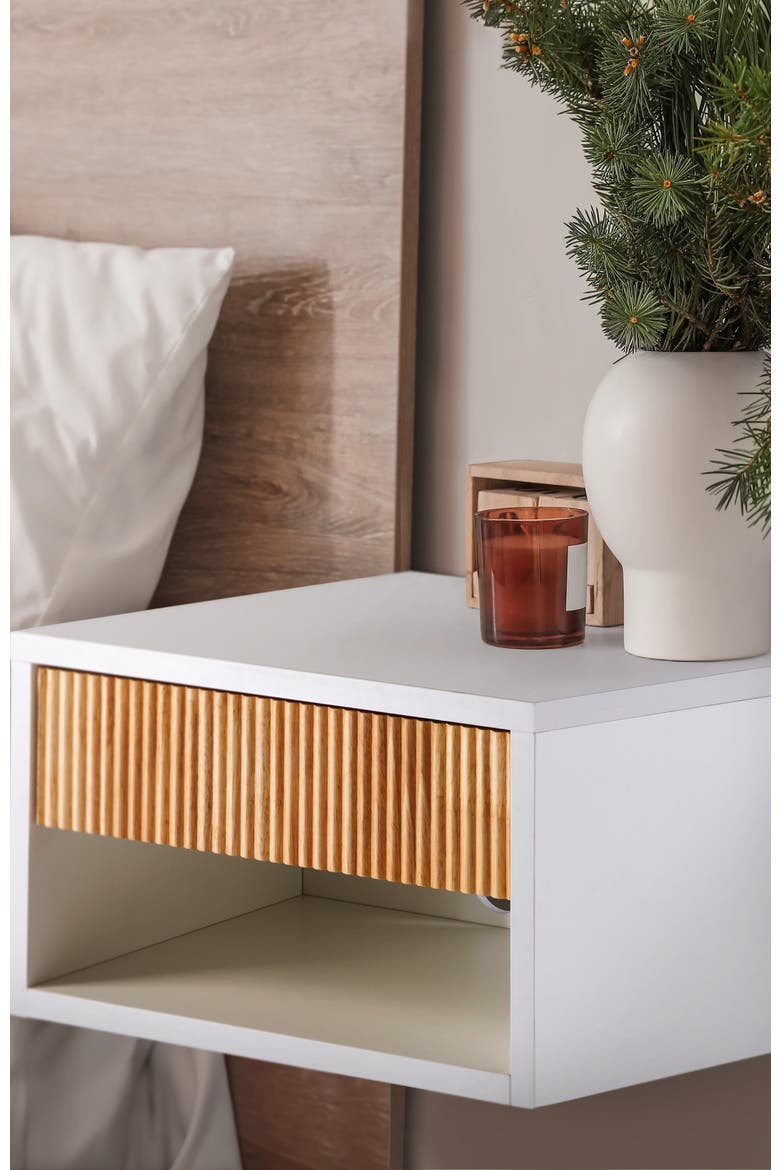 Elise Modern Floating Wall Mounted Nightstand, Bedside Table with Fluted Drawer, Open Shelf Cable Management,, Alternate, color, White/Light Oak