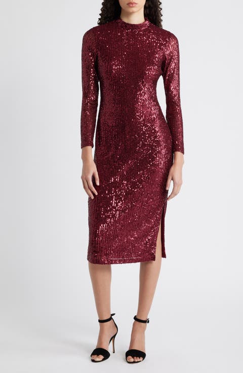 Sequin Mock Neck Long Sleeve Midi Dress